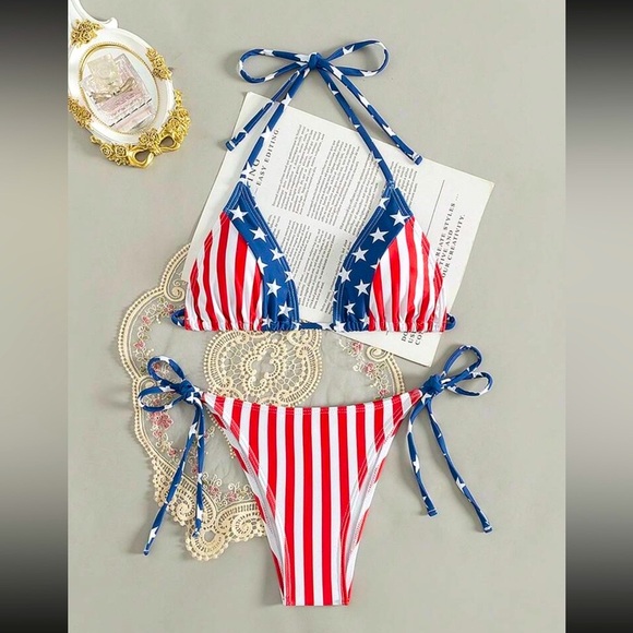 🇺🇸 American Flag Print Side Tie Bikini Set - Picture 2 of 9